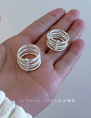 日出珊瑚 泰国清迈纯手工S925纯银五环戒指日常百搭时尚小众闭口