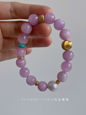 日出珊瑚925银天然紫锂辉粉水晶珍珠猛犸檀香手链手串桃花之石