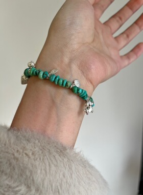 童趣925纯银天然绿松石手链蘑菇小狗苹果小众动物世界风质感首饰