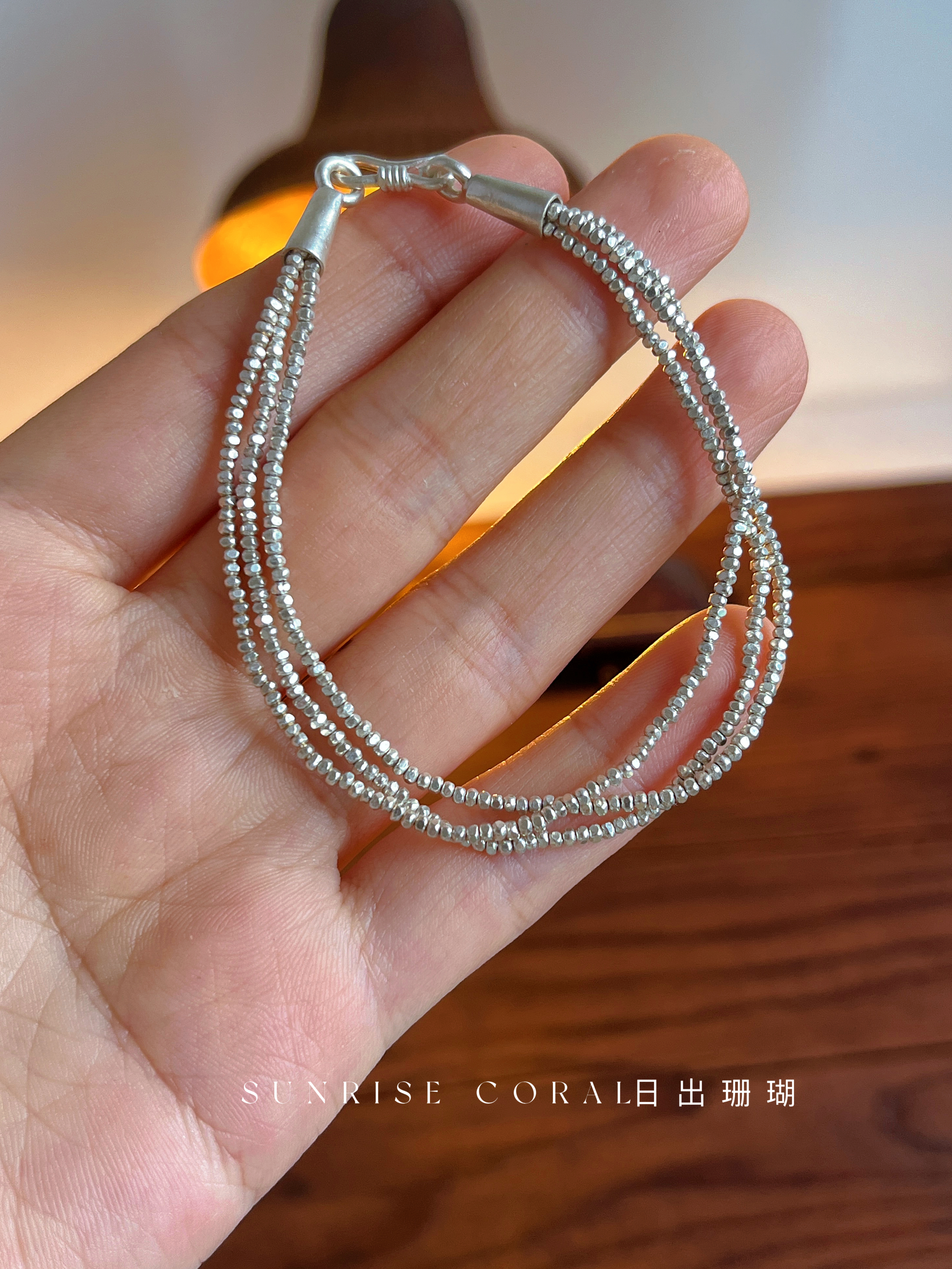 泰国清迈手工925纯银超细隔珠手链女小众设计三层手串可叠戴