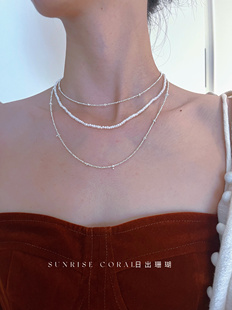 日出珊瑚 泰国巴厘岛925银素银碎银锭子项链锁骨choker ins风叠戴