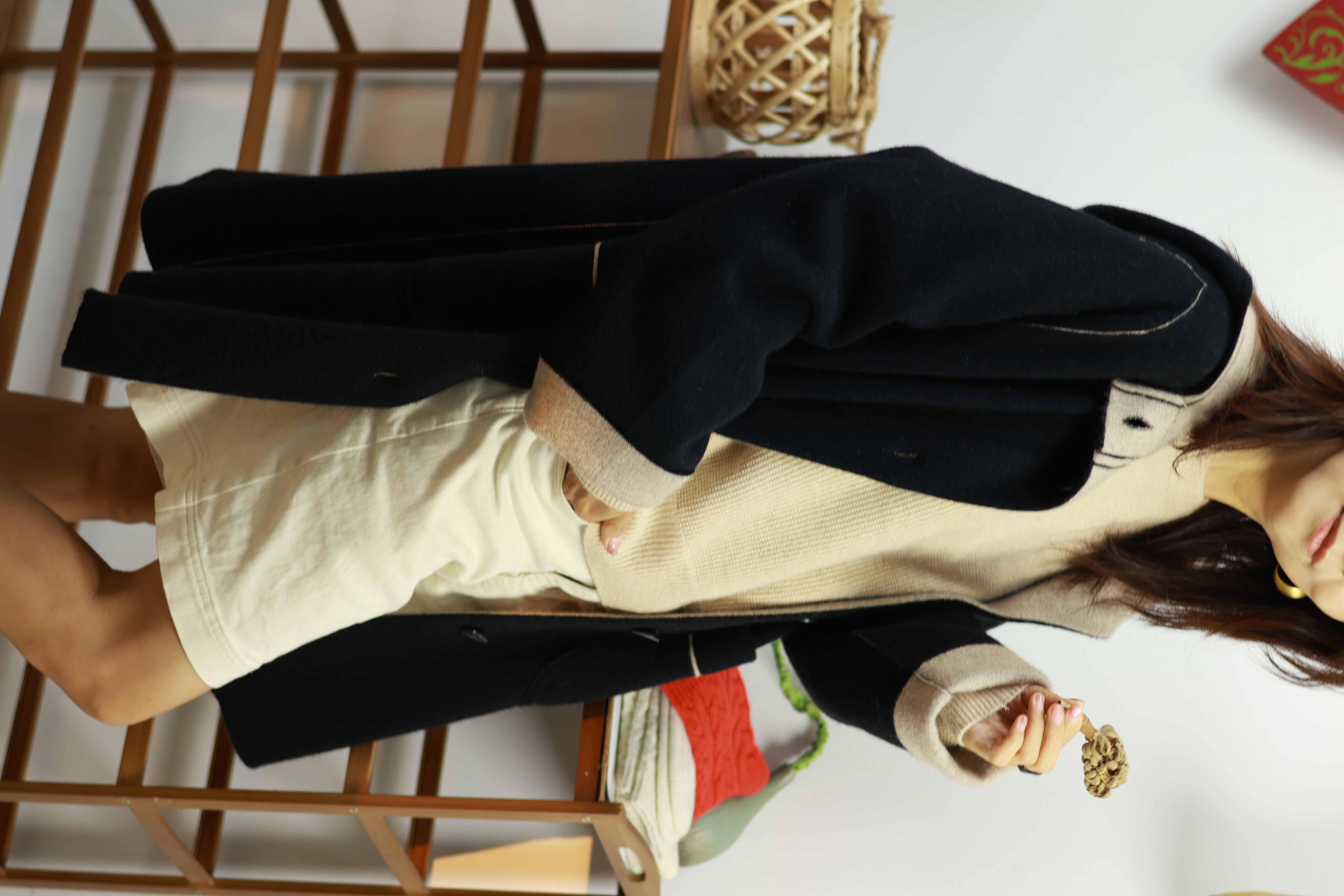 【LU】   双面针织羊绒大衣女100%纯羊绒慵懒中长款连帽外套