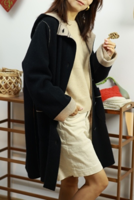 【LU】   双面针织羊绒大衣女100%纯羊绒慵懒中长款连帽外套