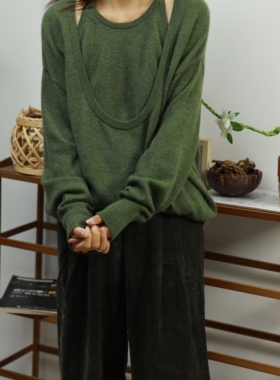 【LU】 两件套  羊绒U领叠穿宽松时尚百搭显瘦套头针织上衣