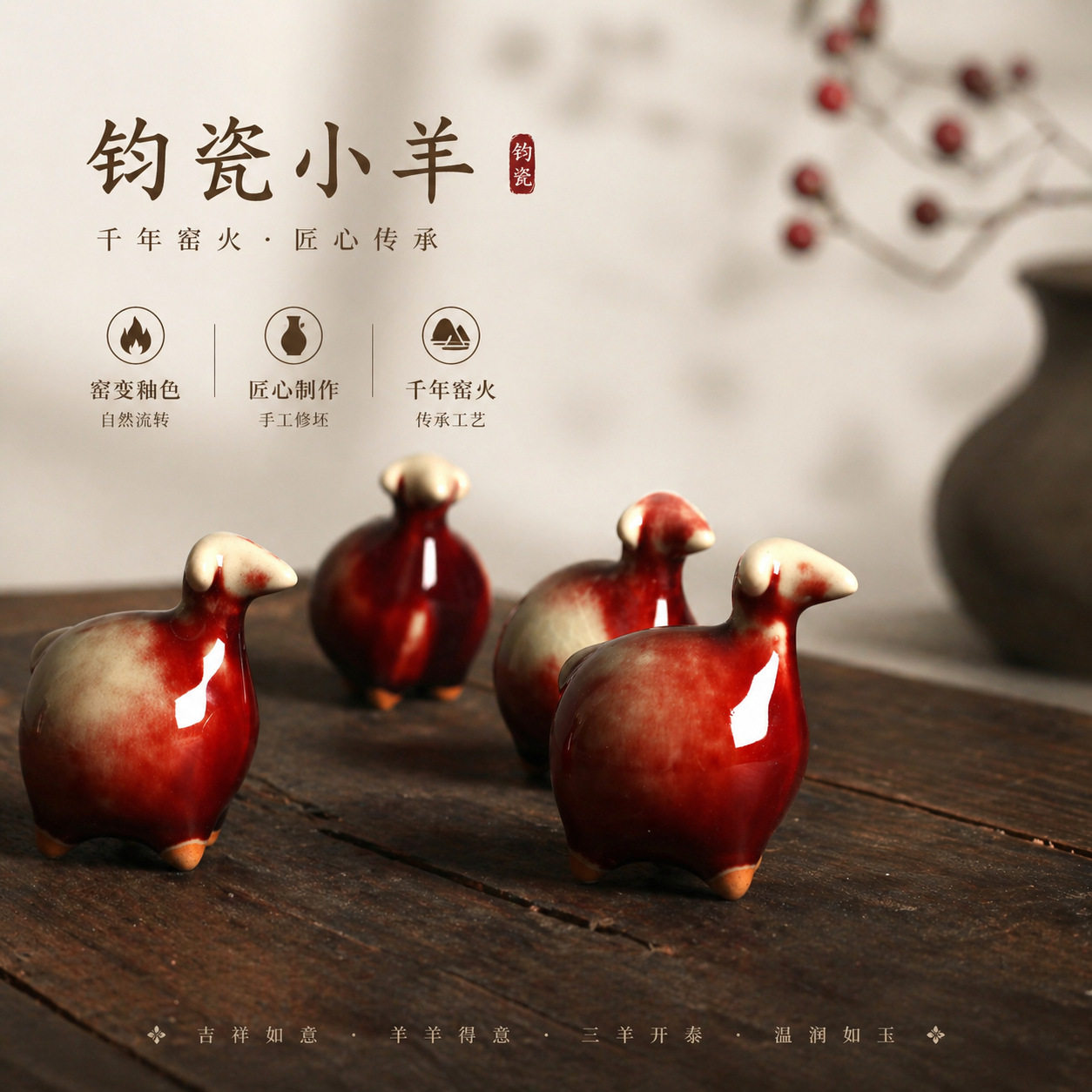 禹州神垕钧瓷摆件茶宠创意可爱萌宠小羊文创陶瓷茶台家居装饰礼品
