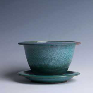 仿古清代炉钧花盆套装钧窑钧瓷复古窑变松石绿居家日用盆栽带盆托