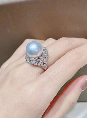 澳洲强光白珍珠戒指s925银镀18K金奢华满钻气质开口可调节指环女