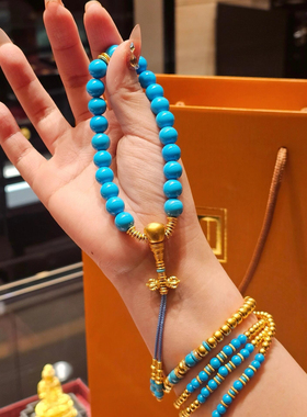 天然美国蓝松石手串古法金单圈手链暴力蓝新中式时尚佛珠念珠男女
