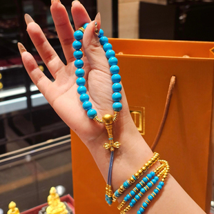 天然美国蓝松石手串古法金单圈手链暴力蓝新中式时尚佛珠念珠男女