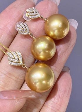 南洋金珍珠吊坠大颗粒珍珠锁骨链925银镀18k金耳钉耳饰项链套装女