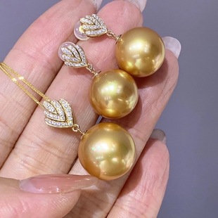 南洋金珍珠吊坠大颗粒珍珠锁骨链925银镀18k金耳钉耳饰项链套装 女