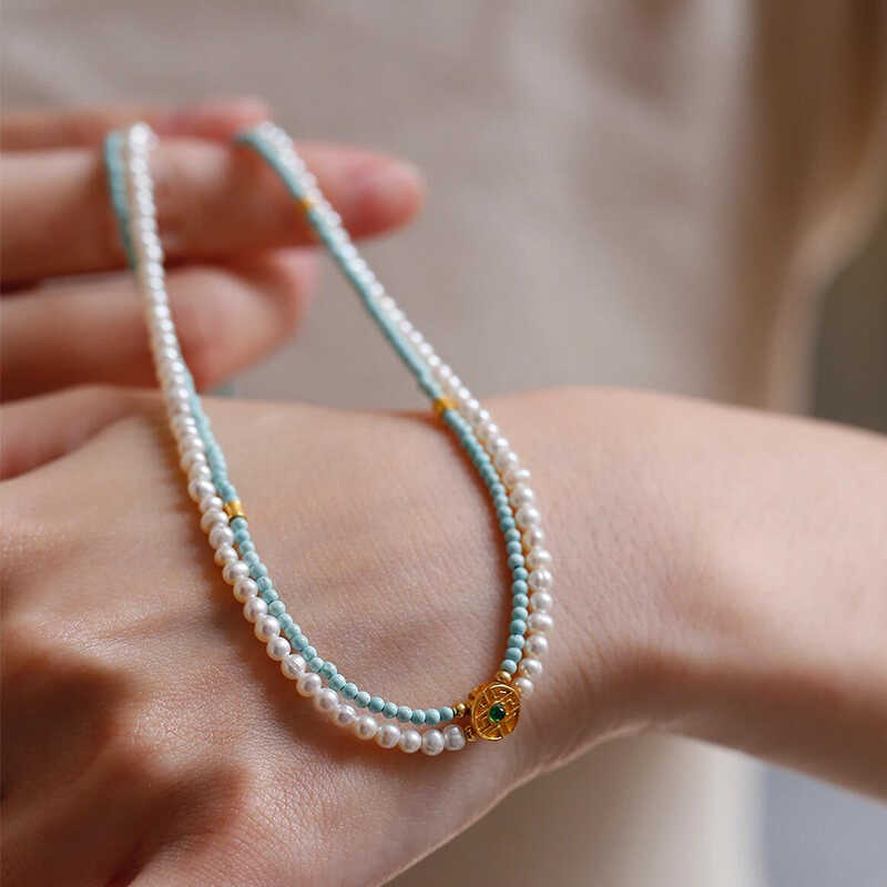 贵族风复古个性气质绿松珍珠项链