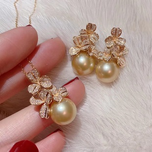 高品质南洋金珠吊坠耳钉正圆强光澳白珍珠项链耳环耳饰套装 气质女