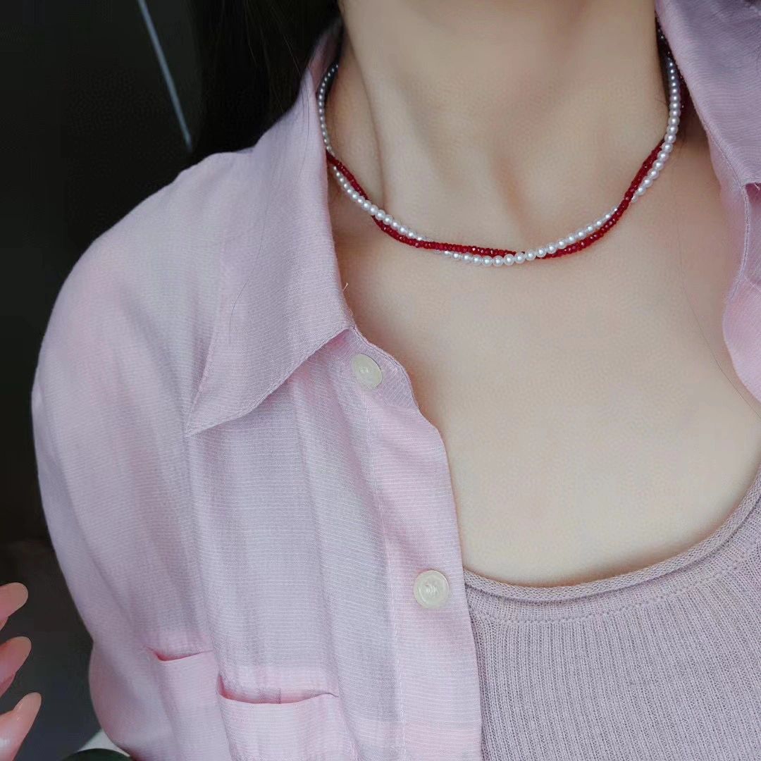 明星同款倪妮刻面红宝石项链鸽血红锁骨链大嫂高叶澳白珍珠颈链女