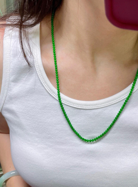 天然危料冰透辣绿翡翠小米珠项链2mm极细锁骨链新中式男女毛衣链