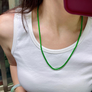 天然危料冰透辣绿翡翠小米珠项链2mm极细锁骨链新中式 男女毛衣链