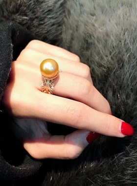 南洋金珍珠戒指s925银镀18K金活口女戒天然海水珍珠戒指百搭女款