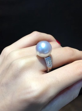 南洋金珍珠戒指正圆大颗粒澳洲白珍珠戒指925银镀18k金女款活口戒