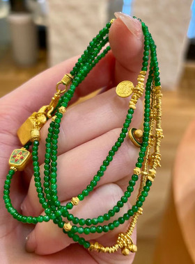 天然干青冰种正阳绿翡翠新中式925银镀18k古法金手链项链万能链女