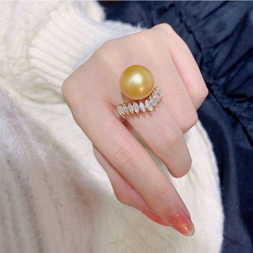 新款南洋金珍珠正圆满钻戒指活口