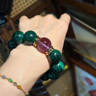 天然孔雀石手链猫眼幸运石手串巴西乌拉圭紫水晶转运珠手饰男女款