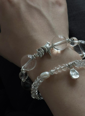 暮雀双A天然巴西老矿净体白水晶S925银算盘珠碎石手链气质文艺女