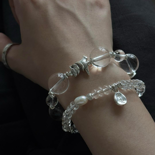 暮雀双A天然巴西老矿净体白水晶S925银算盘珠碎石手链气质文艺女