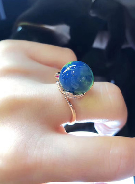 多米尼加蓝珀戒指S925银镀玫瑰金高蓝3A净水蓝珀活口戒指女款