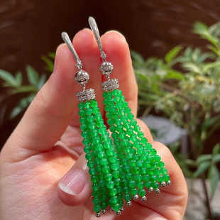 明星同款 冰种满绿耳坠流苏耳坠显白名媛高端气质耳线纯银女 新中式