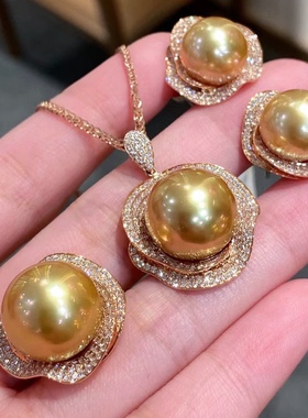 南洋金珍珠奢华满钻耳钉s925镀18k金豪华吊坠浓金项链戒指套装女