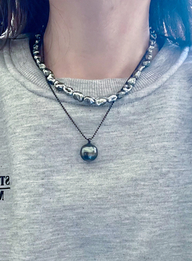 大溪地黑珍珠吊坠倪妮同款暗黑甜酷锁骨链小众气质女款正圆强光黑