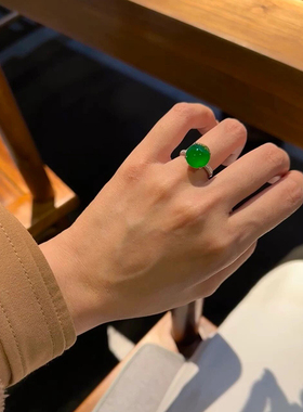 天然冰种玻璃体翡翠玉髓戒指女简约百搭帝王绿纯银可调节指环礼物