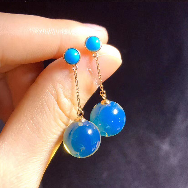 美国蓝松石镶嵌多米尼加蓝珀吊坠耳线耳坠琥珀蜜蜡项链锁骨链套装