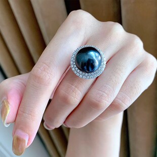 2023新大溪地黑珍珠戒指纯银14mm大颗粒孔雀绿珍珠气质女款开口戒