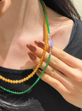 新品新中式冰透黄翡干青项链万能链小米珠新中式毛衣链翡翠色手链