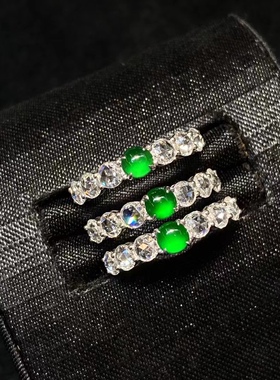 高品质天然绿玉髓戒指925银镀5层白金钻石玫瑰切指环媲美翡翠排戒