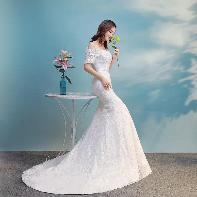 鱼尾婚纱礼服一字肩短袖2018秋季新娘结婚奢华蕾丝公主收腰小拖尾|ruв категории Женская одежда, Cвадебные платья, свадебное платье - от Buy2taobao.com для оказания профессиональной услуги покупки агента Taobao