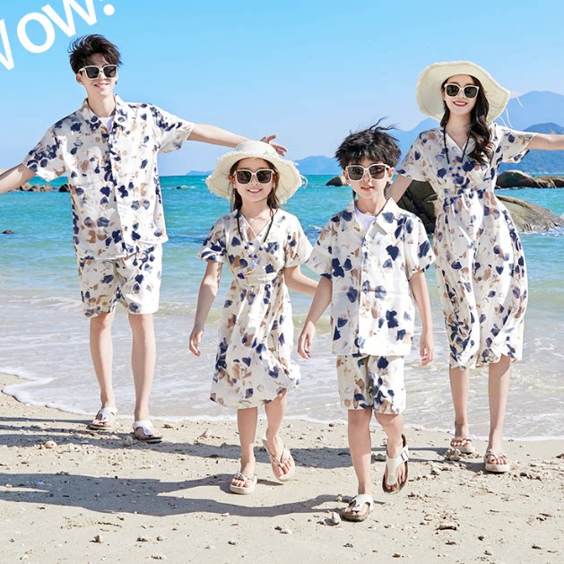 泰国普吉岛海边旅游亲子装夏装三亚度假母女连衣裙岛服拍照父子装