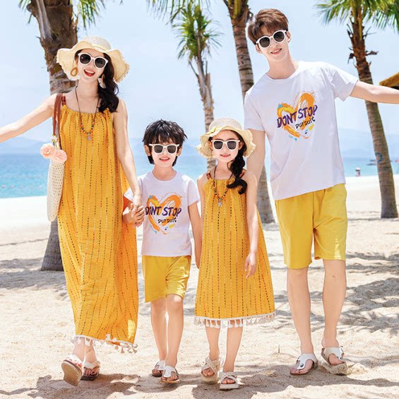 云南旅游全家三四口亲子装夏装母女装吊带连衣裙海边拍照大码长裙