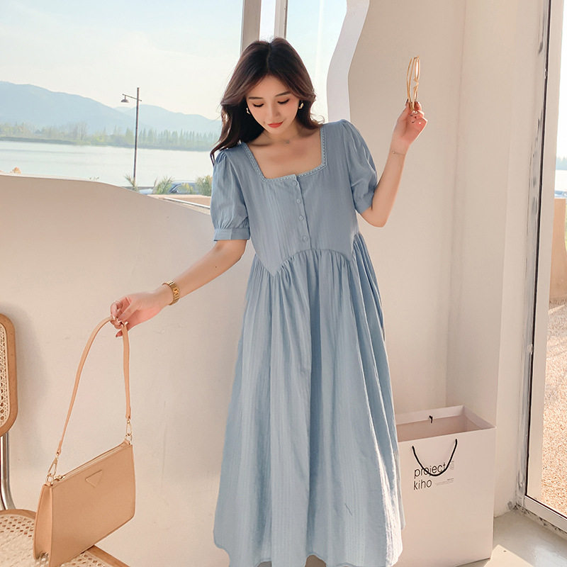 Summer wear fashion temperament square neck summer skirt Mid length version Large pregnant woman Dress Solid 2021 Summerin the Women's clothing/Boutique , Dress  category - from Buy2taobao.com to provide professional Taobao agent buy service