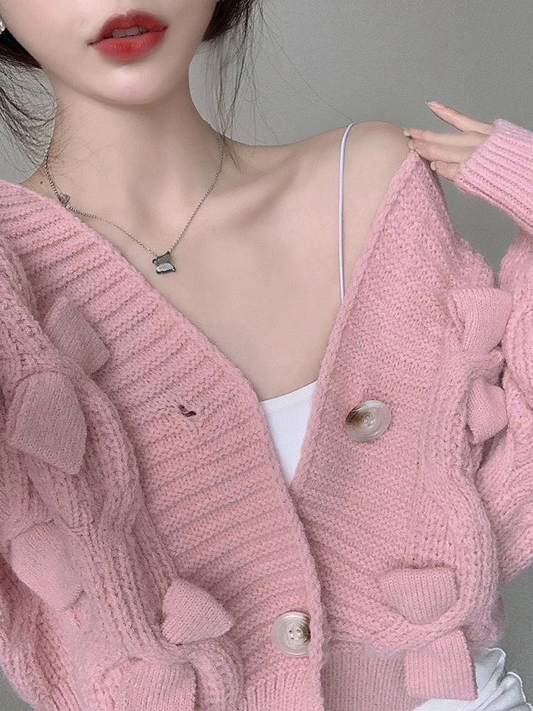 Pink sweater early spring 2021 new Korean version loose age reduction thin bow sweater cardigan jacket