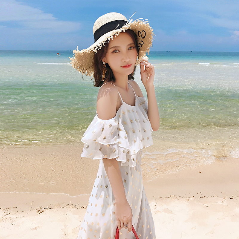 露肩性感一字肩连衣裙女夏2018新款及脚踝长裙显瘦波点小清新裙子
