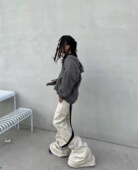 RO24SS风小众米白色喇叭阔腿显瘦堆积拖地压皱猫须牛仔裤 男女长裤