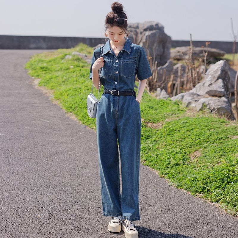 短袖工装牛仔连体裤女2024夏季新款收腰显瘦气质直筒薄款连衣长裤