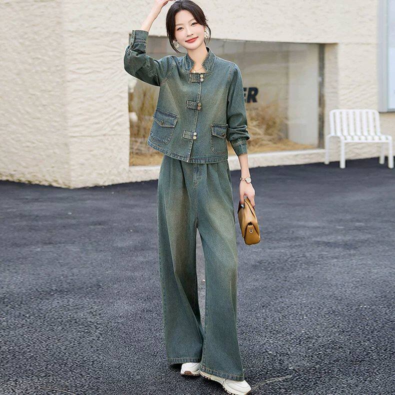 新中式国风牛仔套装女春秋2025新款休闲显瘦减龄阔腿裤盘扣两件套,女装/女士精品,时尚套装,淘宝优惠券,粉丝福利购,淘宝优惠卷
