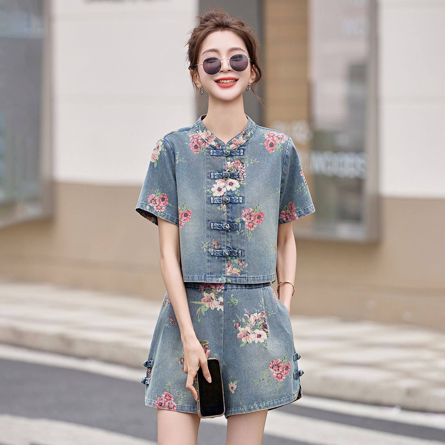 新中式牛仔两件套女短袖短裤套装