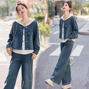 春秋季 2025年新款 长袖 新中式 外套长裤 女阔腿裤 短款 两件套 牛仔套装