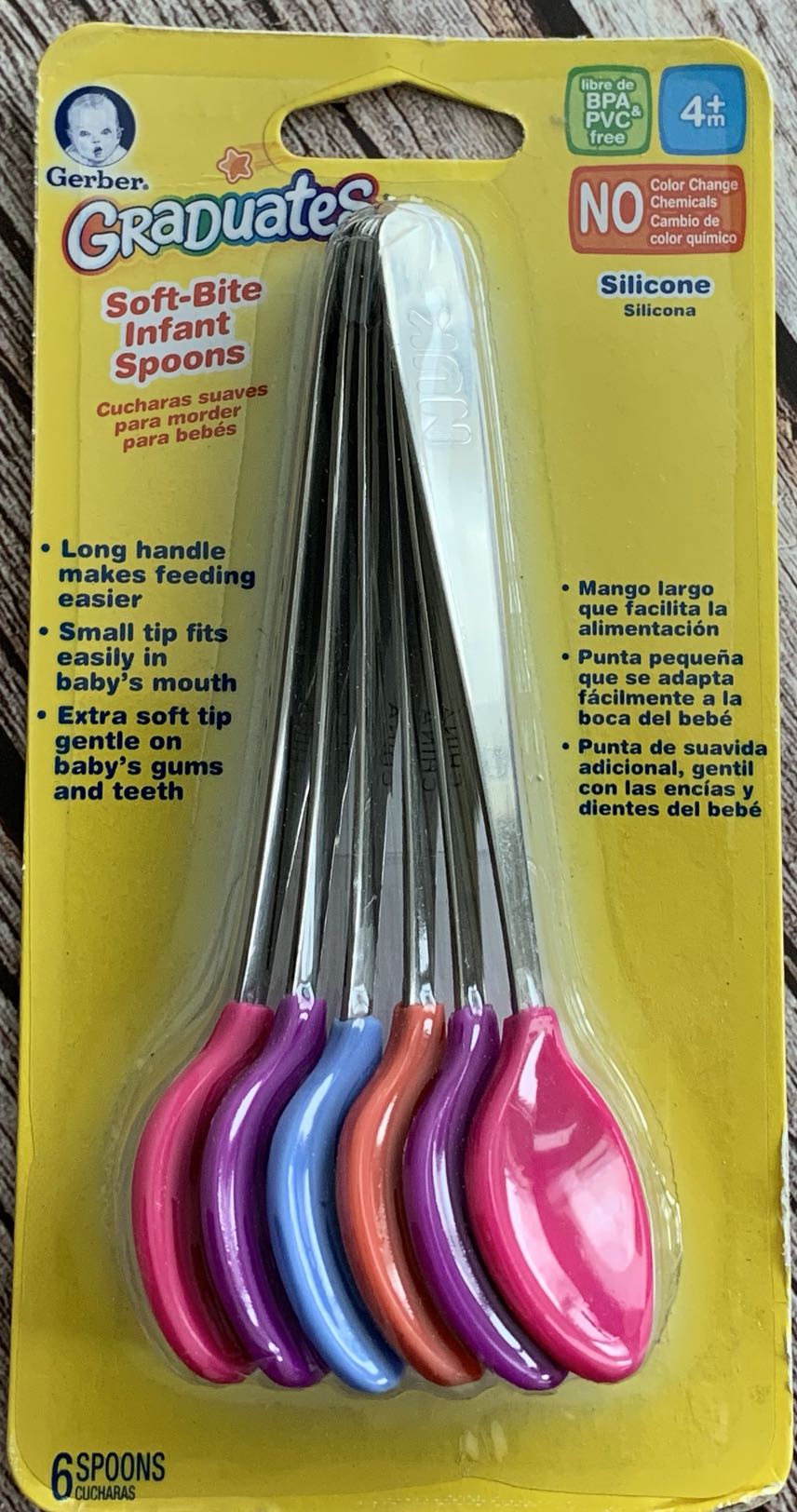 美国gerber/NUK4个起婴儿辅食小勺硅胶护牙龈防呛不锈钢手柄清仓