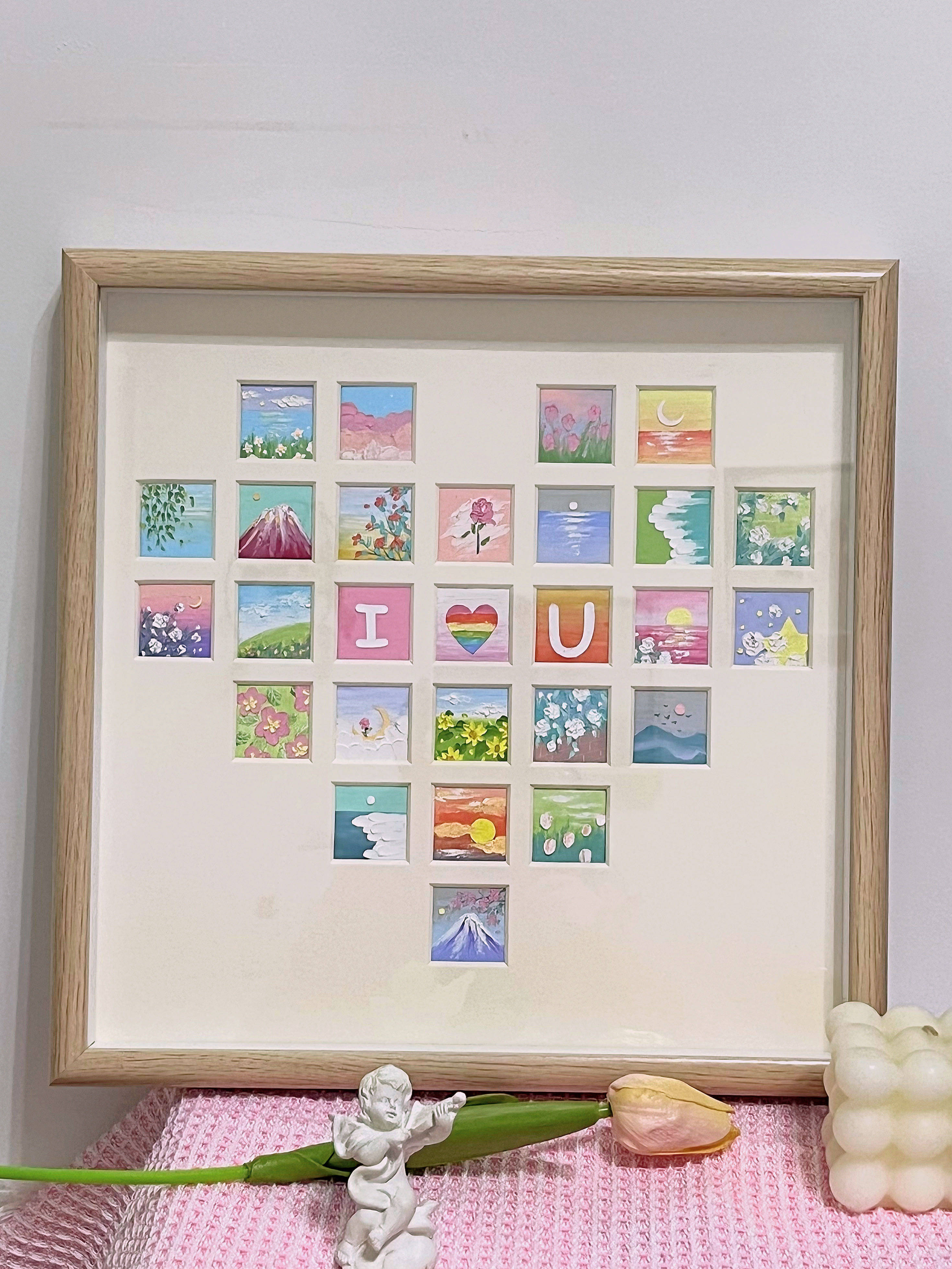 爱心形27宫格画框创意diy油画棒作品摆台ins风生日礼物材料包中空