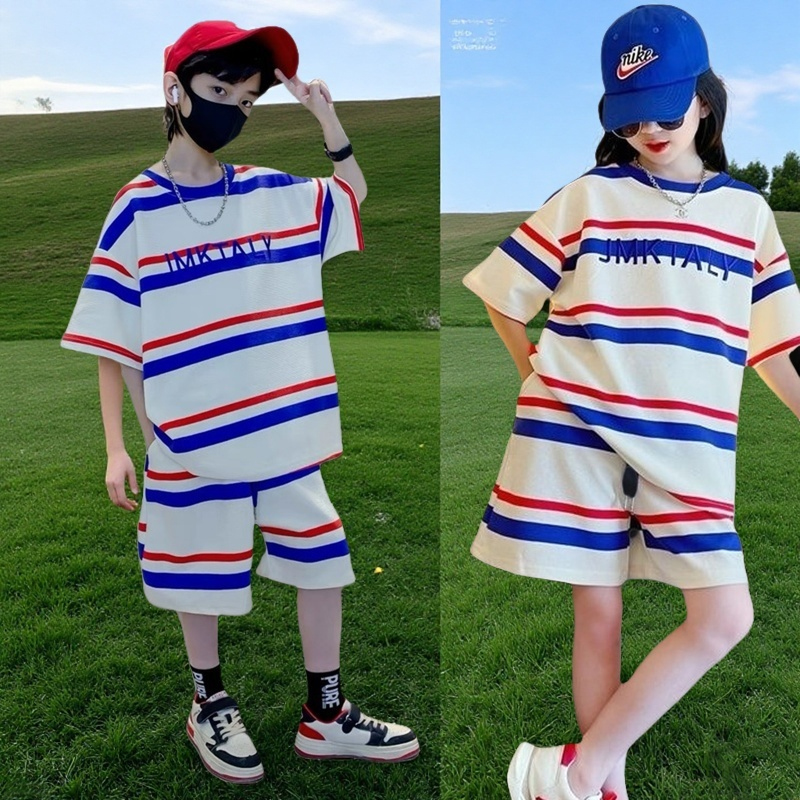 2025新款男童女童宽松条纹纯棉薄款短袖短裤儿童夏季速干透气套装